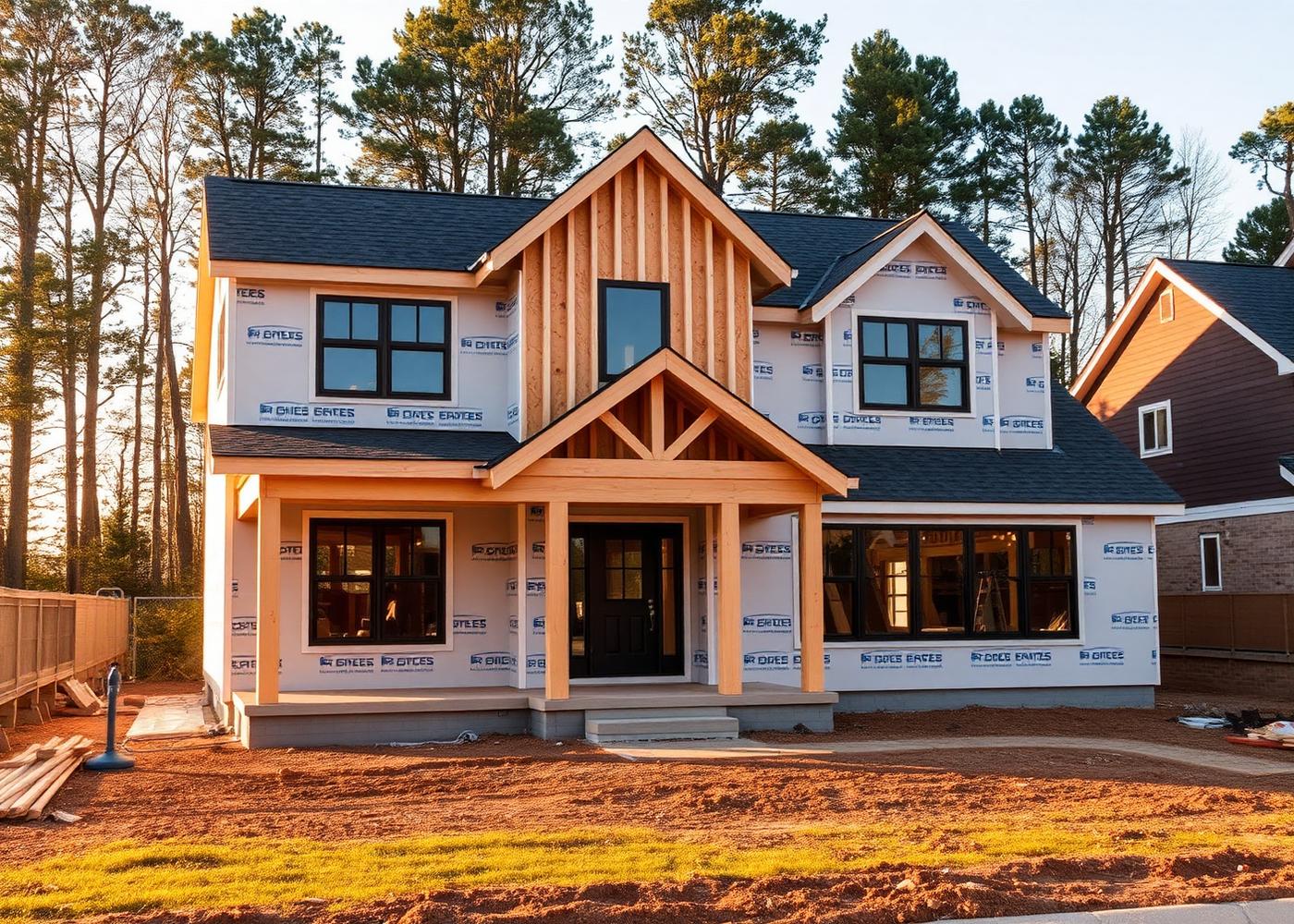 Residential new build framed exterior at golden hour